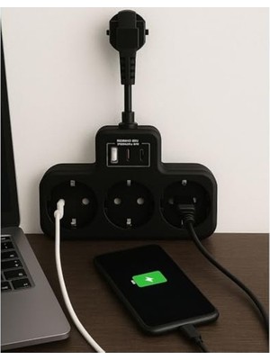 Mythriva Üçlü Priz Uzatma, 3 Soket ve 2 Type-C ile Çocuk Korumalı ve Isıya Dayanıklı