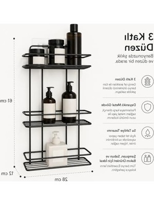 Mythriva 3 Katlı Düz Banyo Rafı, Siyah Renk, Yapışkanlı ve Vidalı Montajlı