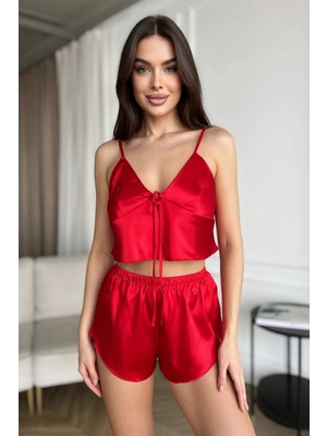 Beruflic Özel Tasarım Kadın Kırmızı Saten Pijama Takımı Ince Askılı Şortlu Under Moda