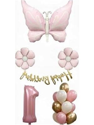 Mythriva Doğum Günü Balon Seti, Pembe Kelebek ve Papatya Temalı