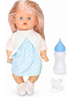 Mythriva Vardem 30 cm Sesli Emzikli ve Biberonlu Boncuk Bebek, Altını Islatan Oyuncak Bebek, Biberon Aksesuarlı Konuşan Bebek, Çocuklar Için Evcilik ve Bakım Oyuncağı LD9706K-G (Mavi Benekli)