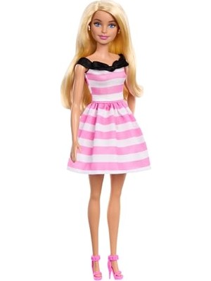 Mythriva Barbie Pembe Beyaz Çizgili Elbisesi ve Topuklu Ayakkabılarıyla 65. Yıla Özel Sarışın Bebek ve Aksesuarları, HTH66