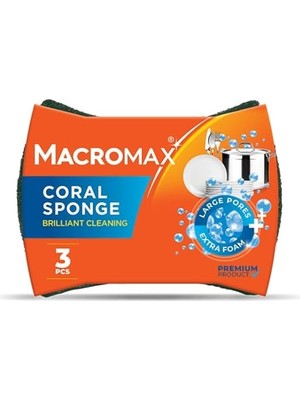 Mythriva Macro Max Mercan Bulaşık Süngeri 3'lü Paket, Büyük Gözenekli Bol Köpük Sağlayan Ergonomik Sünger