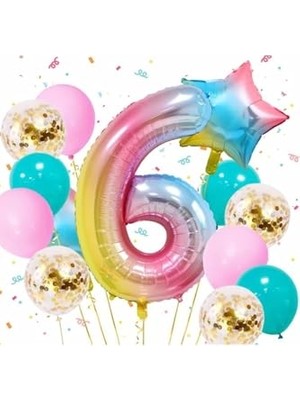 Mythriva Gökkuşağı ve Yıldız Temalı 6 Yaş Balon Seti Doğum Günü Dekorasyonu