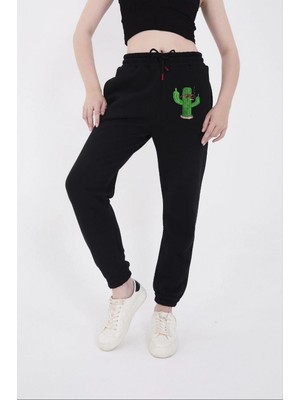 Pileli Store Lastikli Baskılı Eşofman Pantolon - Siyah