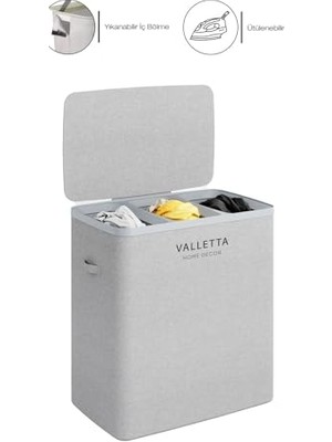 Mythriva Valletta Paloma 120L Üç Yıkanabilir Bölmeli Katlanabilir Kumaş Kirli Çamaşır Sepeti Light Gray