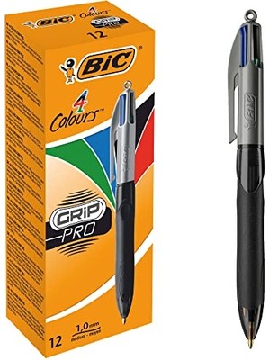 Mythriva Bıc 4 Colours Grip Pro Tükenmez Kalem 12'li Kutu, Kauçuk Tutacak, 1.0mm Uç, Tek Kalemde Mavi, Kırmızı, Yeşil ve Siyah Renkler