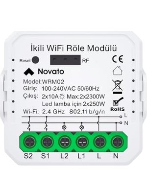 Mythriva Tuya Uyumlu Akıllı Anahtar Modülü, Çift Çıkışlı, Anahtar Girişli, 2X10A - 220V Röle, Google Asistan ve Alexa Destekli