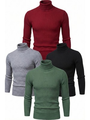 Pileli Store 4'lü Siyah, Bordo, Gri, Haki   Kaşkorse Boğazlı Full Likralı Fitilli Body Kazak