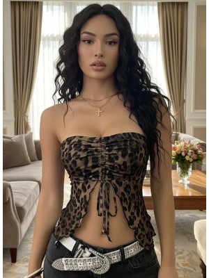 Pileli Store Kadın Leopar Desenli Crop Bluz Önden Büzgü Detaylı Şık Kadın Üst Giyim Özel Tasarım