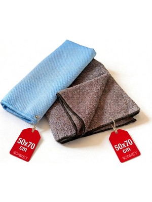 Mythriva Wonkey - Mikrofiber Araba Kurulama ve Cam Bezi Seti | Araç ve Motor Kurulama Havlusu + Otomobil Motorsiklet Cam Bezi, Oto Temizlik Seti - 50X70 cm (2'li Set)