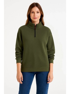 Pileli Store Kadın 3 Iplik Dık Yaka Yarım Fermuarlı Sweatshirt - Haki