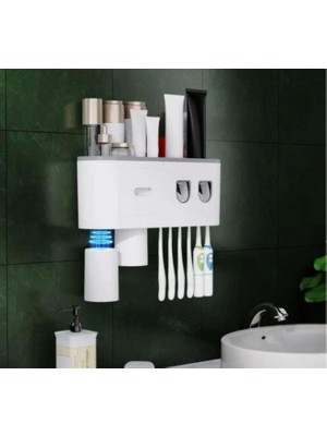 Mythriva Diş Fırçası Tutucu 6 Gözlü ve Ikili Duş Sabunlu Dispenser - Dikdörtgen Plastik Dağıtıcı, 23 Cm, 400 Ml, Gri - Banyo & Kişisel Bakım Dolu Dolaplar ve Dispenserler