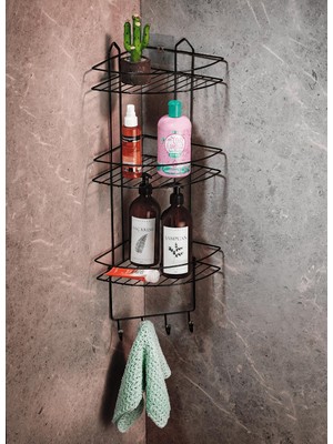 Mythriva Sas Haus Siyah Yapışkanlı Banyo Köşeliği Düzenleyici, Şampuanlık, Duş Rafı 3 Katlı - 4 Kancalı - Ek