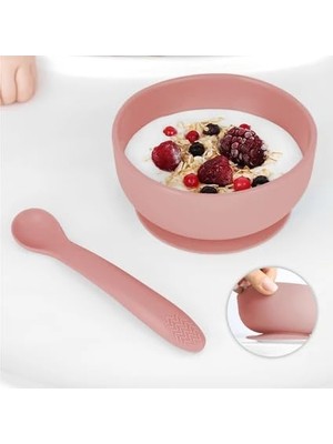 Mythriva Meleni Baby Vakumlu Silikon Bebek Mama Kasesi - Vakum Tabanlı Kase - Silikon Diş Kaşıyıcı Kaşık - Pembe