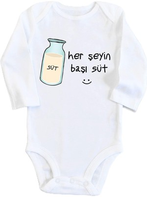 Mythriva Unisex Bebek Beyaz Herşeyin Başı Süt Baskılı Uzun Kollu Çıtçıtlı Body 1232EBB, Yeni Doğan