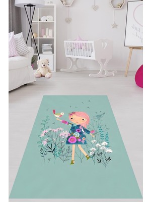 Mythriva Pelangi Kızın Elindeki Kuş Bahar Desen Yıkanabilir Kaymaz Taban Leke Tutmaz Çocuk Odası Halısı, Yeşil 120 x 160