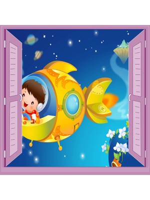 Mythriva Çocuk Odası Bebek Odası Pencere Poster Duvar Kağıdı Uzay Aracı
