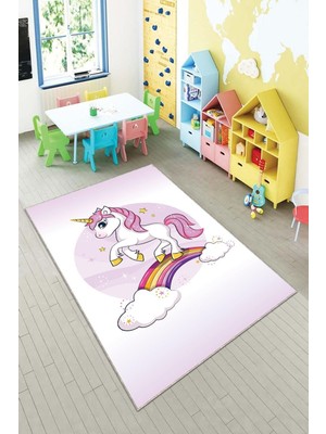 Mythriva Pelangi Unicorn ve Gökkuşağı Desenli Dijital Baskılı Yıkanabilir Kaymaz Taban Çocuk Odası Halısı, Pembe-Beyaz 100 x 250