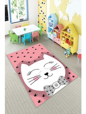 Mythriva Pelangi Pembe Kedi Desenli Yıkanabilir Kaymaz Taban Leke Tutmazbebek ve Çocuk Odası Halısı, Açık Pembe-Beyaz 160 x 300