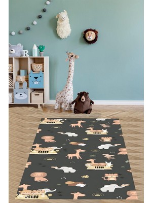 Mythriva Pelangi Safari Desen Yıkanabilir Kaymaz Taban Leke Tutmaz Çocuk Odası Halısı, Siyah-Kahverengi-Gri 100 x 150, 7642013910015005