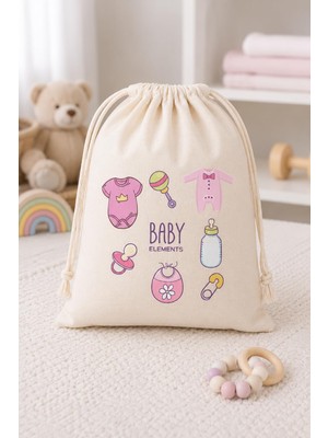 Mythriva Stonehill Baby Elements Baskılı Ham Bez Büzgülü Bebek Torbası 30X40 cm 2'li Set - Çok Amaçlı Bebek Eşyası Saklama ve Organizer Çantası (Pembe)