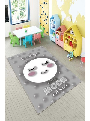 Mythriva Pelangi Gri Ay Desenli Yıkanabilir Kaymaz Taban Leke Tutmazbebek ve Çocuk Odası Halısı, Açık Gri-Beyaz 160 x 250, 901357153160250