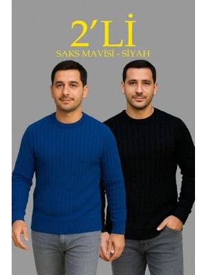 Pileli Store Erkek Fitilli Triko Kazak 2’li Set Siyah Saks Mavisi Kalın Dokuma Pamuklu Regular Fit