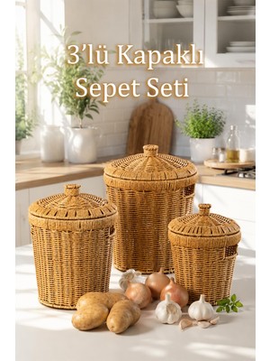 Mythriva Porsima PBT-439 3lü Hasır Sepet Kapaklı Bambu Sepet Seti Dekoratif Banyo Mutfak Düzenleyici Organizeri