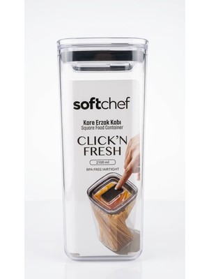 Mythriva Softchef Click'n Fresh Hava Geçirmez Kare Plastik Erzak Kabı 2100 ml - Vakumlu Tek Tuş Kapaklı Şeffaf Plastik Bakliyat, Un ve Şeker Saklama Kabı, Bpa Içermez (10,5X10,5X24,5CM)