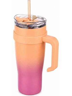 Mythriva Paslanmaz ÇELIK,%100 Sızdırmaz, Çift Katmanlı, Pipetli, Saplı Termos Bardak, Termal Matara 1000 ml (Mor+Turuncu)