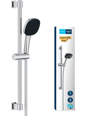 Mythriva Grohe Vitalio Comfort 110 Sürgülü Duş Seti, 110MM Kare 3 Akışlı (Masaj, Yağmur & Jet) El Duşu, 600MM Sürgülü Ray, 1750MM Duş Hortumu, Krom, 26096001