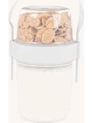 Mythriva 650 ml Take-Go Kaşıklı Hazneli Meyveli Müsli Kabı Piknik Iş Yoğurt Süt Bardağı Kapaklı ve Kaşıklı Kahvaltı Bardakları, Tahıl Tepesi Yulaf Ezmesi Granola (Beyaz)