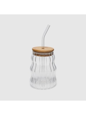 Mythriva Renovon 500ML Bambu Kapaklı Cam Bardak, Cam Pipetli Silikon Kapak Contalı Desenli Sıcak Soğuk Içecekler Kahve Meyve Suları ve Çayları Için Şık Ergonamik Tasarım