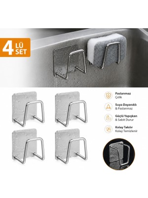 Mythriva 4 Adet Yapışkanlı Paslanmaya Dayanıklı Metal Askılık Süngerlik Kesme Tahtası Tutucu Çok Amaçlı Duvar Askısı