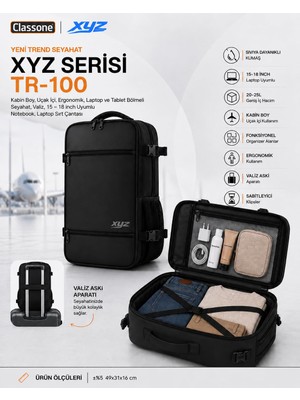 Mythriva Classone Xyz Serisi TR-100 Kabin Boy,uçak Içi, Ergonomik, Laptop ve Tablet Bölmeli, Seyahat, Valiz, 15-18 Inch Uyumlu Notebook, Laptop Sırt Çantası