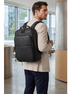 Mythriva Focux-08 Unısex Laptop Bölmeli Deri Sırt Çantası Laptop Sırt Çantası Siyah