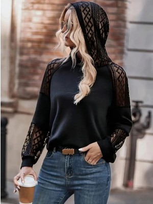 Pileli Store Kadın Uzun Kollu Dantelli Kapşonlu Viskon Iki Iplik Bluz