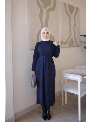 İmaj Butik Lacivert Merserize Taşlı Triko Elbise