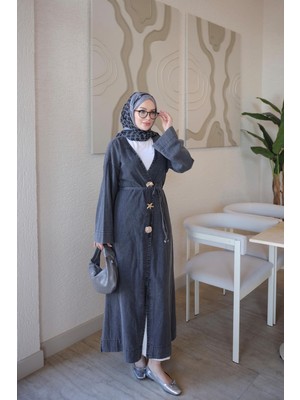 İmaj Butik Füme Aksesuarlı Beli Bağlamalı Uzun Kot Kap