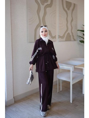 İmaj Butik Mürdüm Fermuarlı Şeritli Tunik Pantolonlu Takım