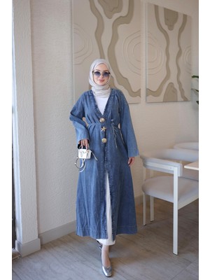 İmaj Butik Mavi Aksesuarlı Beli Bağlamalı Uzun Kot Kap