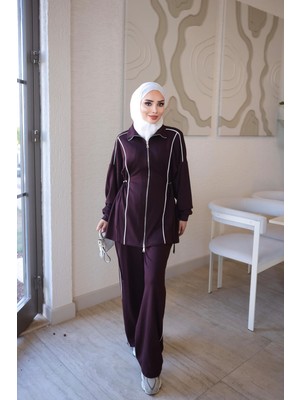 İmaj Butik Mürdüm Fermuarlı Biye Detaylı Tunik Pantolonlu Takım