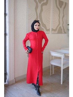 İmaj Butik Kırmızı Corsman Düğmeli Triko Elbise