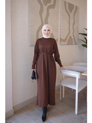 İmaj Butik Kahverengi Merserize Taşlı Triko Elbise
