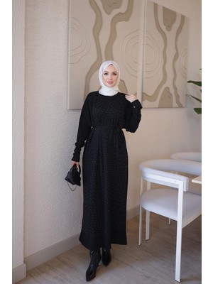 İmaj Butik Siyah Merserize Taşlı Triko Elbise