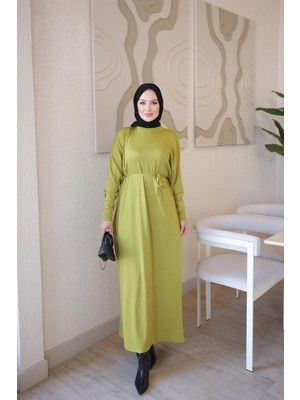 İmaj Butik Yağ Yeşili Merserize Taşlı Triko Elbise