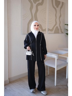 İmaj Butik Siyah Fermuarlı Biye Detaylı Tunik Pantolonlu Takım