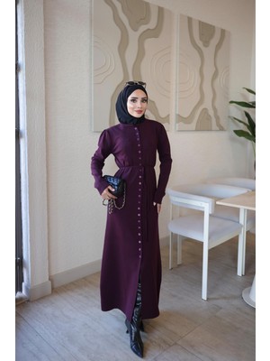 İmaj Butik Mürdüm Corsman Düğmeli Triko Elbise