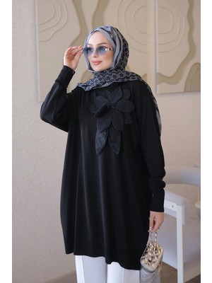 İmaj Butik Siyah Soğuk Iplik Çiçek Detaylı Triko Tunik